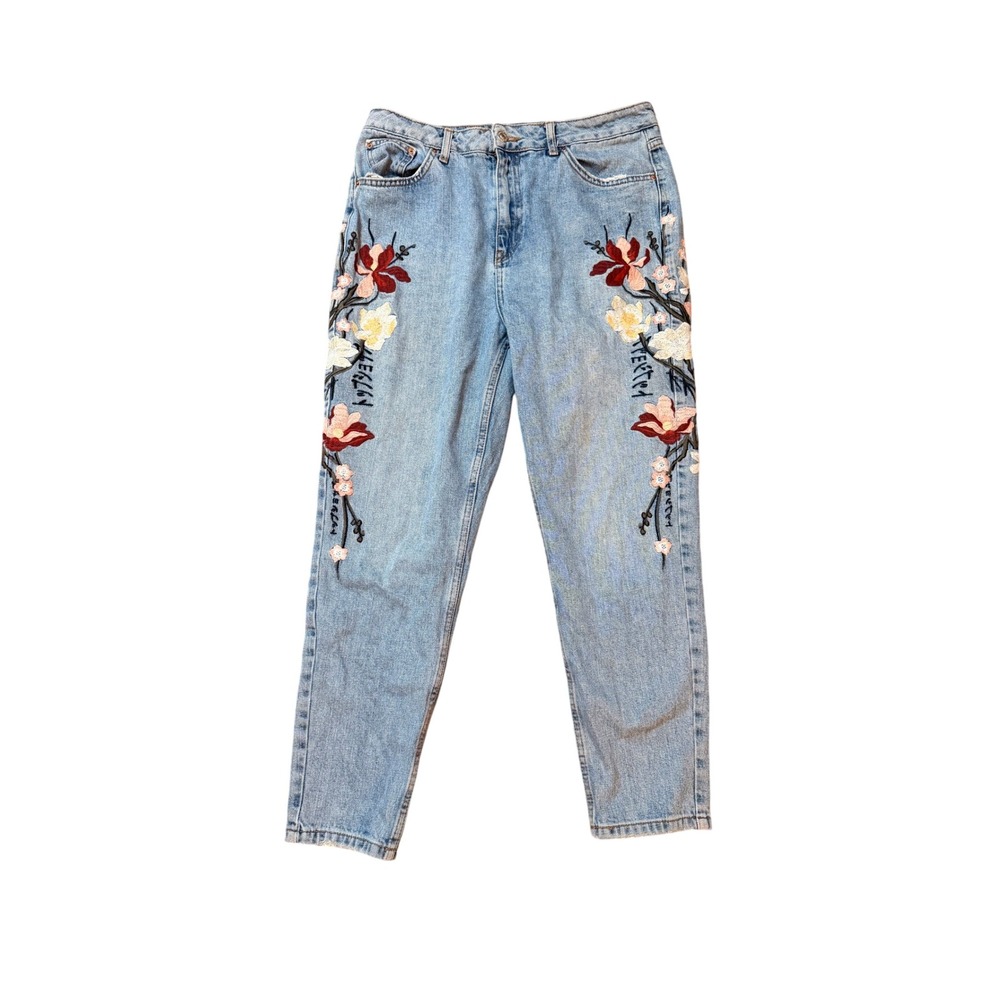 Topshop Moto Mom Jeans W32 L30 Light Wash Floral Embroidered Japanese Script